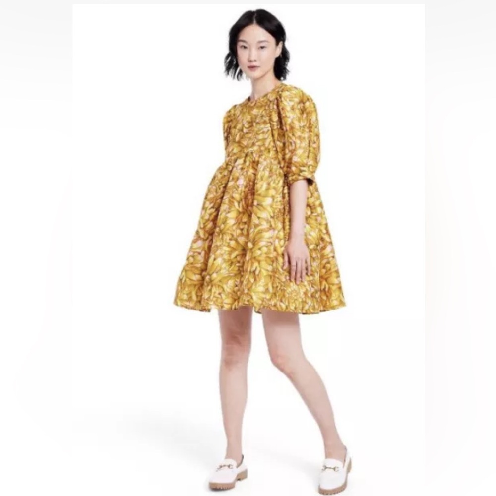Kika Vargas For Target Dress Medium Gold Mini Puff Sleeve Mum Floral NWT